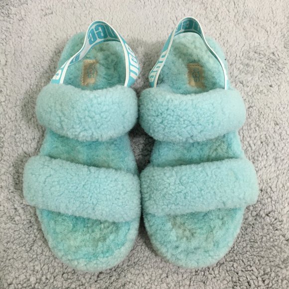 UGG Fluff Yeah Slide Slipper Elastic Sling Back Green/Mint Womens 7.5 Sheepskin - Picture 2 of 12